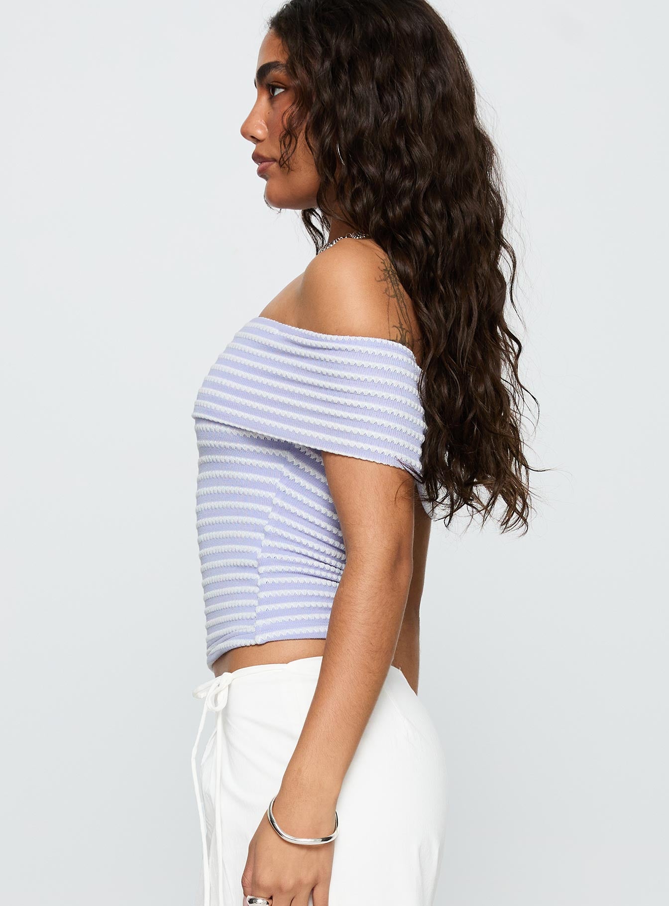 Ausha Off Shoulder Top Lilac Stripe、mySite、solidvoid