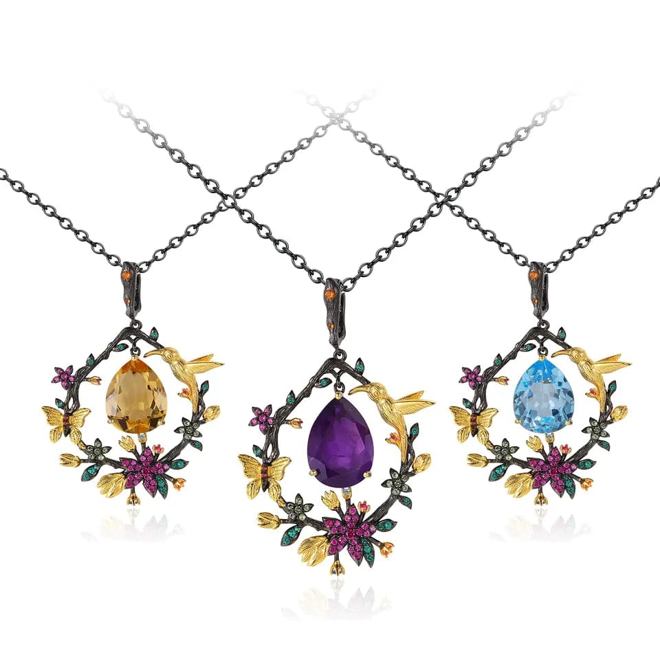 Hummingbird Floral Statement Necklace 925 Sterling Silver Waterproof Vintage Topaz, Amethyst or Citrine、mySite、g9winljtr