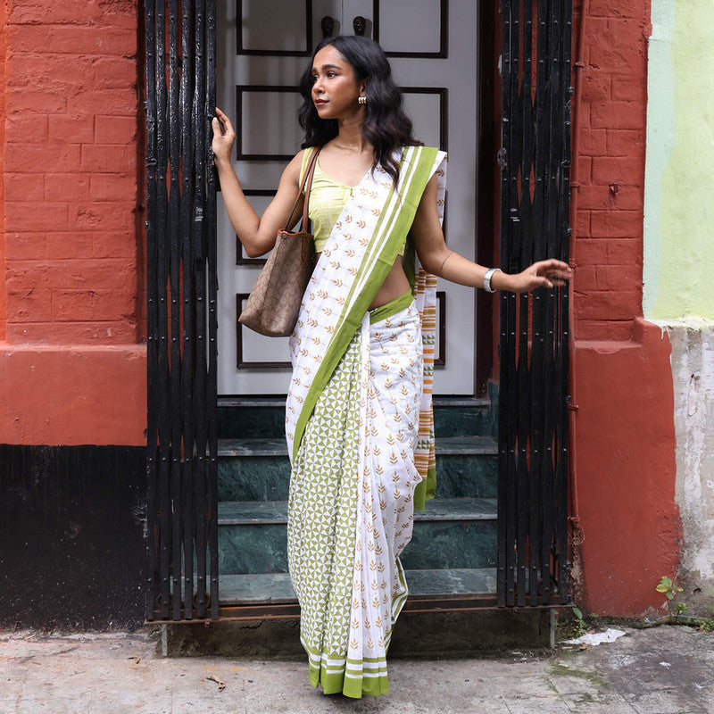 Cotton Saree | Hand Block Print | White & Green、mySite、camillekostekn
