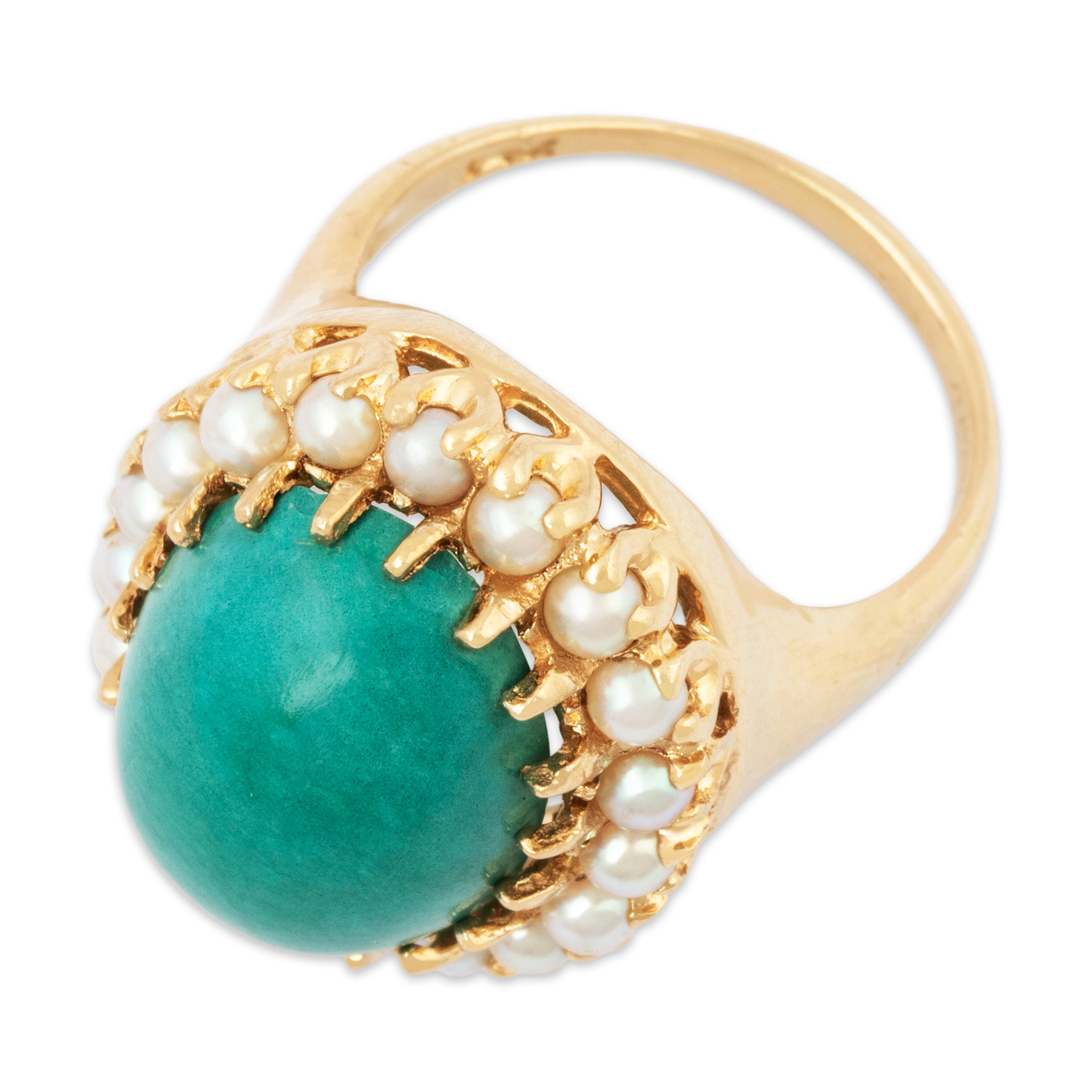 Vintage 14k Yellow Gold 8.7ct Turquoise Pearl Lustrous Halo Cocktail Ring 6.50、mySite、hinf8tx79