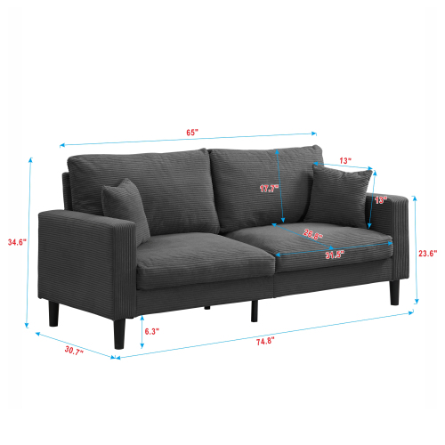 74" High Resilience three seater Sofa, Wooden Frame 3 Seat Sofa, Comfy , Modern Upholstered Sofa, Living Room Bedroom Apartment , Dark gray、、casual