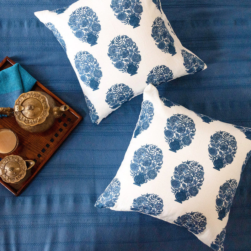 Cotton Printed Cushion Cover | Blue & White | 40 x 40 cm | Set of 2、mySite、camillekostekn