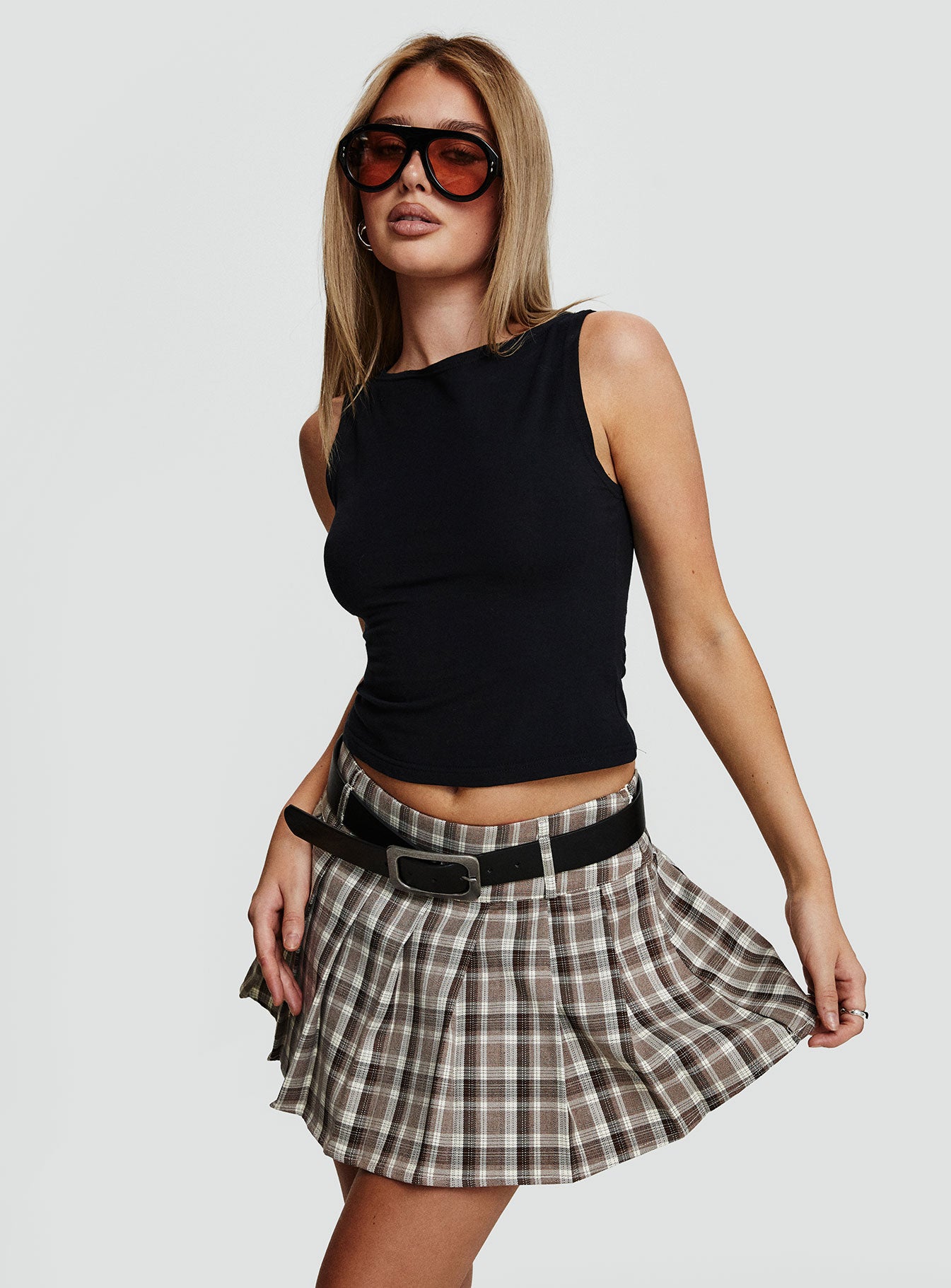 Envision Pleat Mini Skirt Brown Multi、mySite、solidvoid