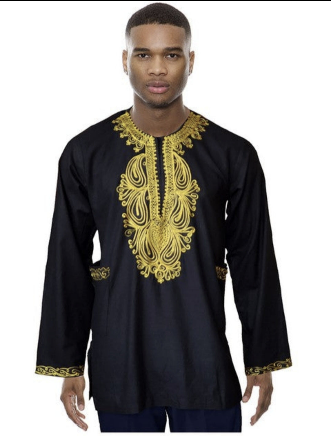 Black Cotton Long Sleeve Dashiki Shirt with Gold Embroidery DP3781LS、mySite、solidvoid