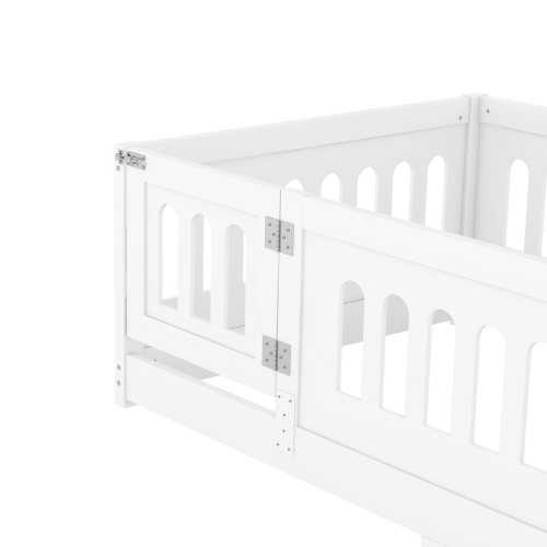 Twin Size Floor Bed with Heightened Safety Guardrails and Door, Solid Wood Bedframe with Rails for Girls, Boys, Teens, Child Bedroom, Kids Playroom, No Slats Included, White、、casual