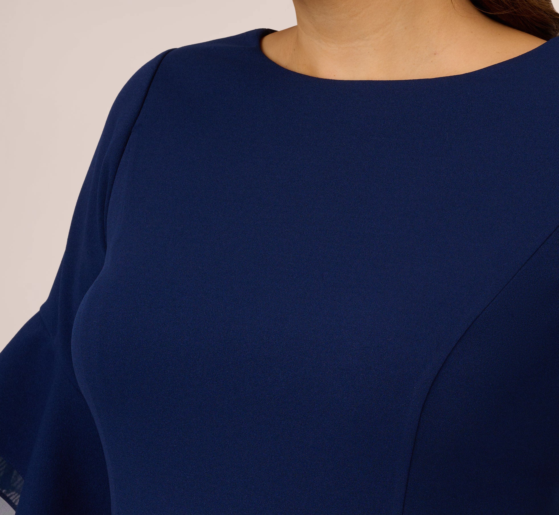 Plus Size Knit Crepe Sheath Dress With Tiered Three Quarter Sleeves In Navy Sateen、mySite、solidvoid