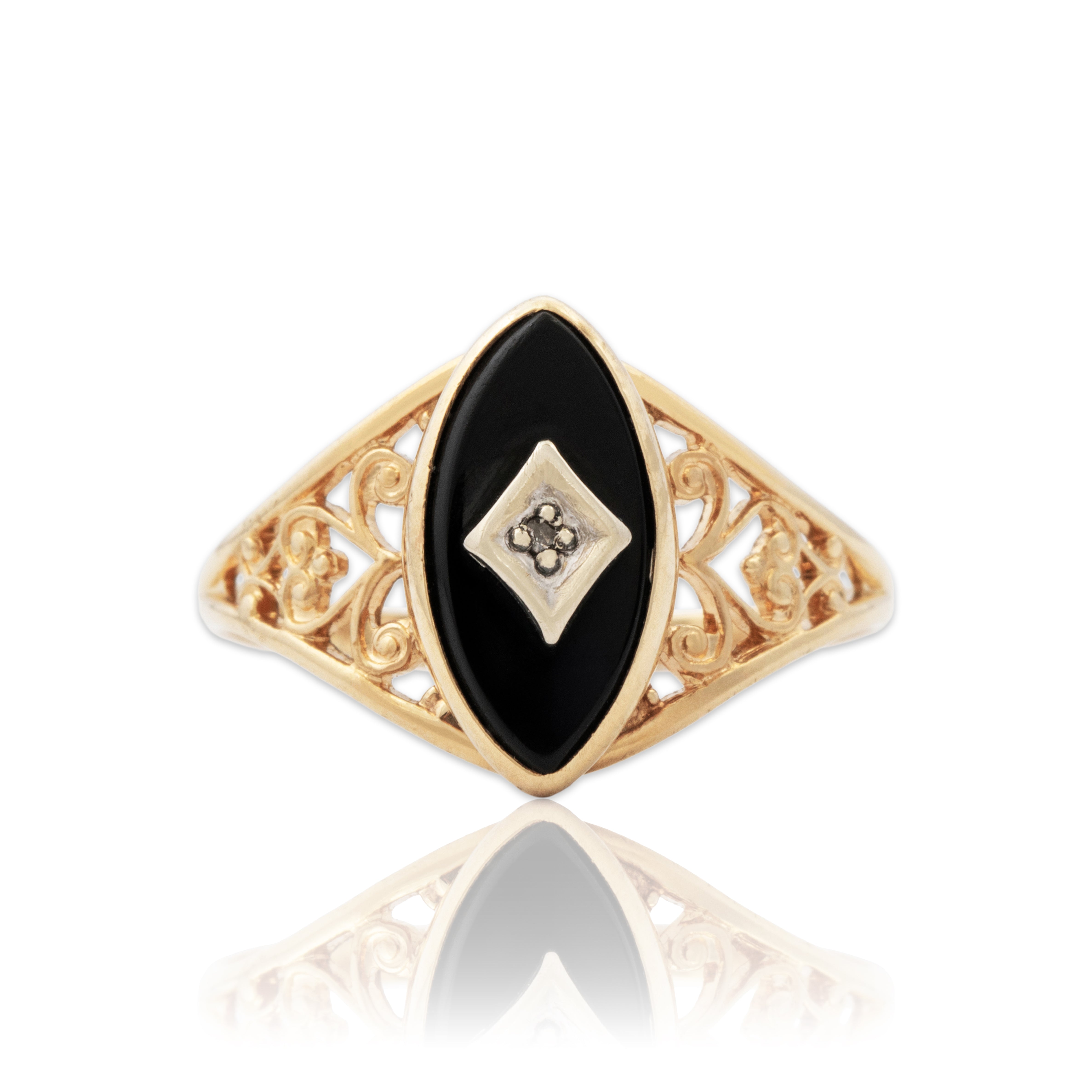 Vintage 10k Yellow Gold Onyx Diamond Delicate Openwork Ring 6.00、mySite、hinf8tx79