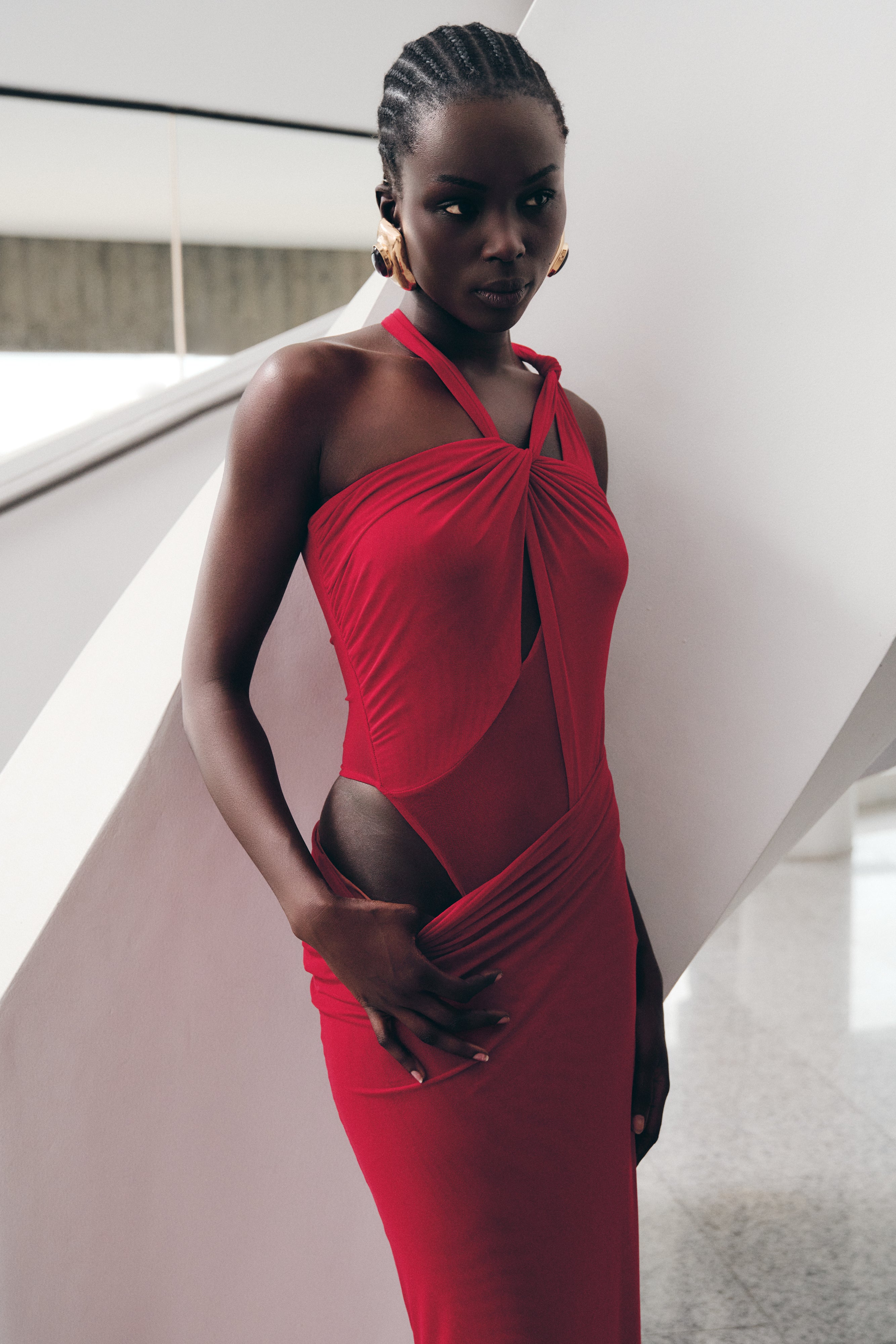 Edwina Knotted Mesh Maxi Dress - Red、mySite、solidvoid