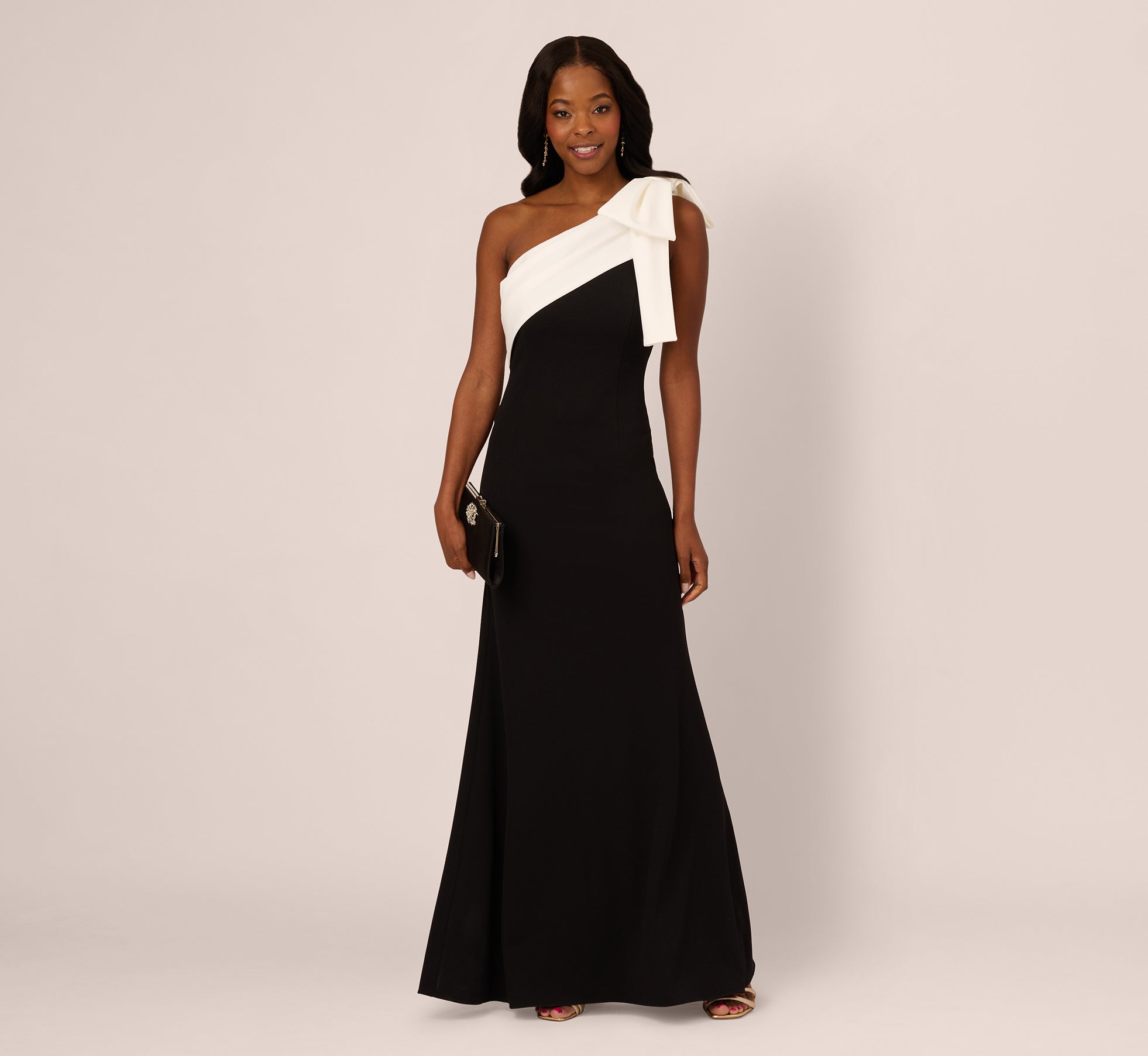 One Shoulder Color Block Bow Gown In Black Ivory、mySite、solidvoid