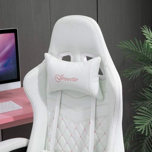 Vinsetto High Back PU Leather Gaming Chair, Racing Computer Chair with Swivel Wheels, Retractable Footrest, Headrest, Lumbar Support, and Armrest, White and Pink、、casual