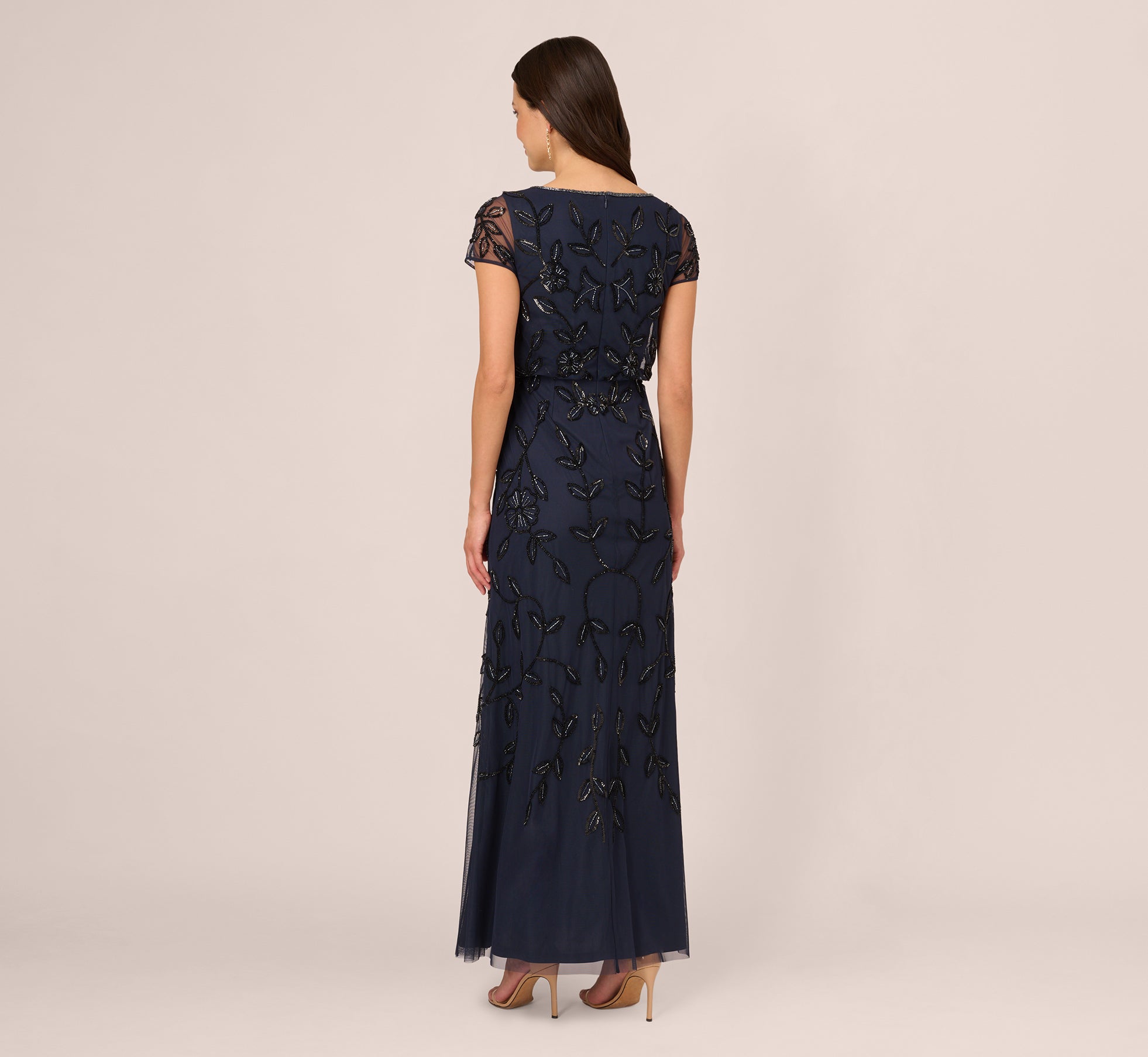 Jasmine Beaded Blouson Gown With Sheer Short Sleeves In Navy Black、mySite、solidvoid