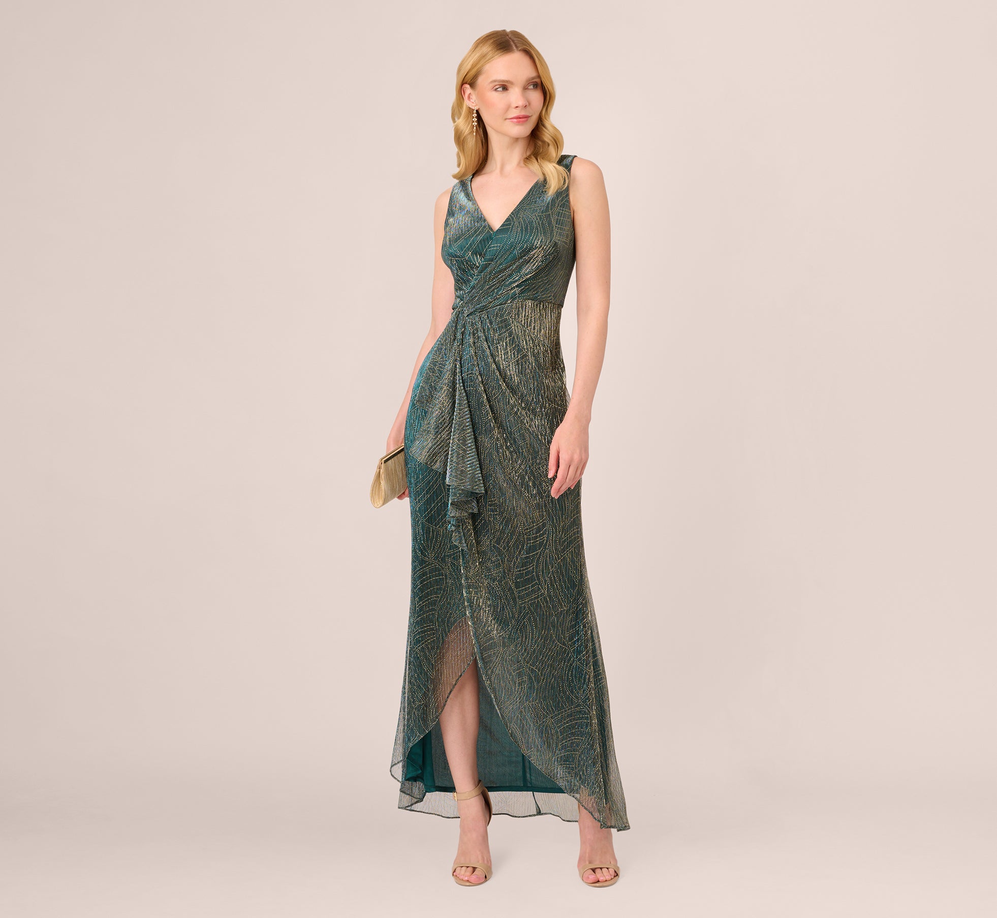Metallic Mesh Faux Wrap Gown With Ruffle Accents In Evergreen、mySite、solidvoid
