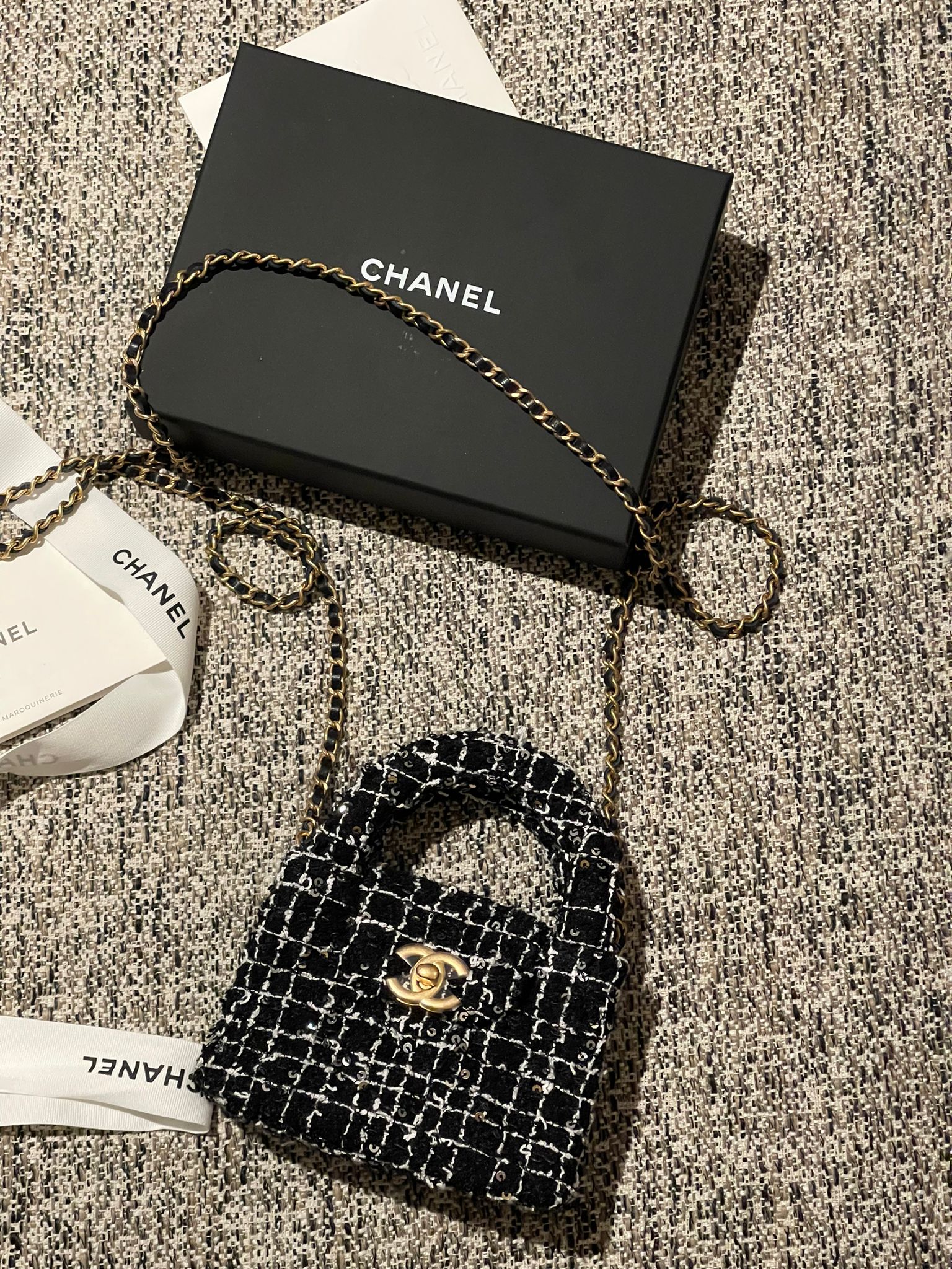 Chanel Kelly Tweed Sequin Nano Shopping Bag 24P (Black/White/Silver)、mySite、garminoutage.com