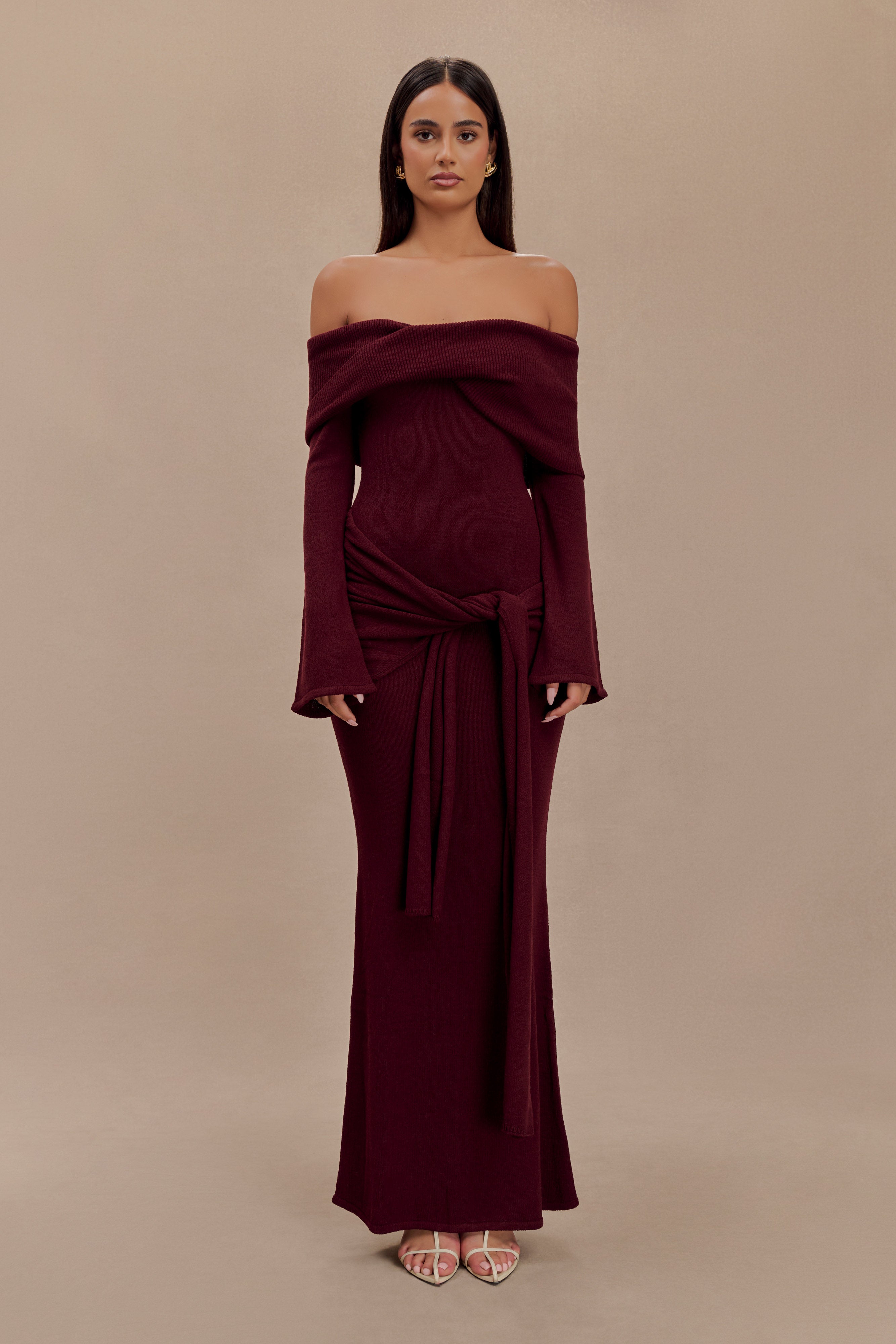 Cameron Off Shoulder Tie Maxi Dress - Merlot、mySite、solidvoid