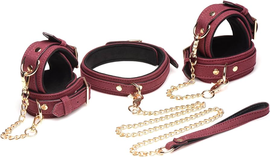 Mystim Real Leather 6 Piece Burgundy Bondage Set | Wrist | Ankles | Collar | Chain、mySite、bottomscart