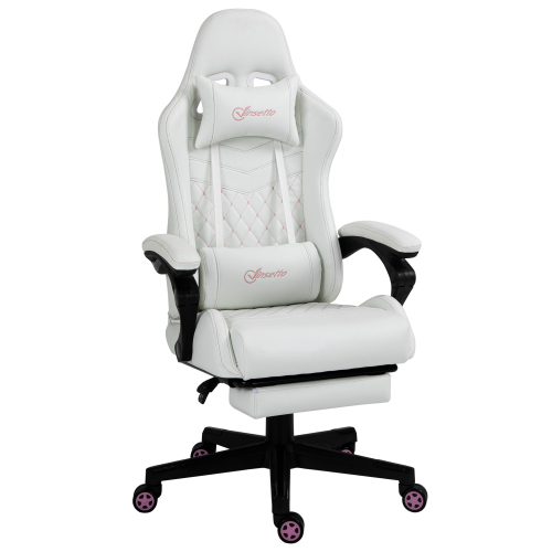 Vinsetto High Back PU Leather Gaming Chair, Racing Computer Chair with Swivel Wheels, Retractable Footrest, Headrest, Lumbar Support, and Armrest, White and Pink、、casual