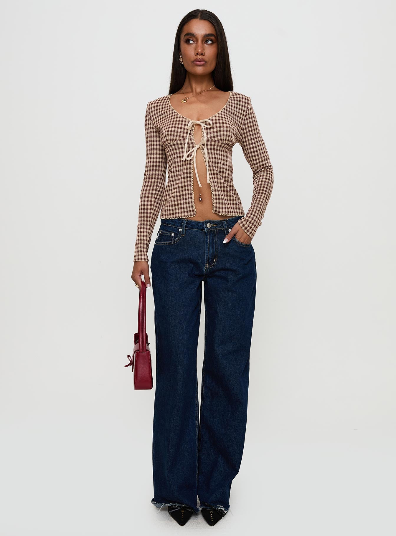 Maemi Long Sleeve Tie Up Top Brown Check、mySite、solidvoid