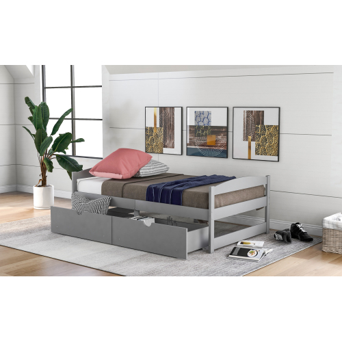 Twin size platform bed, with two drawers, gray、、casual
