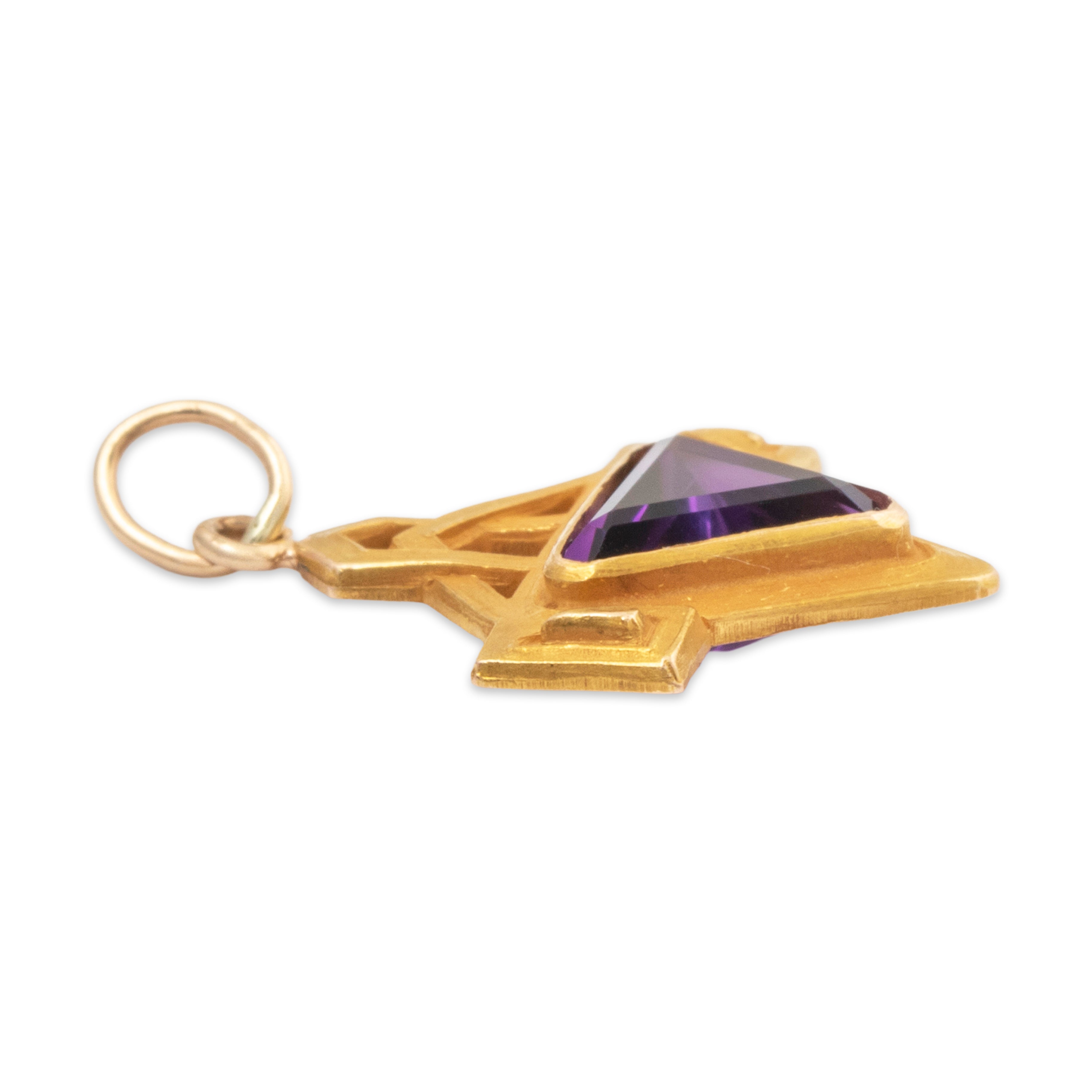 Antique Art Deco 14k Yellow Gold Trilliant Cut Amethyst Satin Finish Pendant、mySite、hinf8tx79