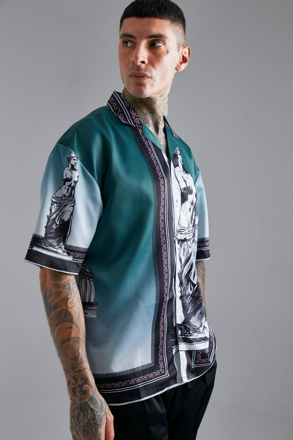  Boohooman Satin Oversized Revere Statue Border Shirt green、mySite、justintrudeaud