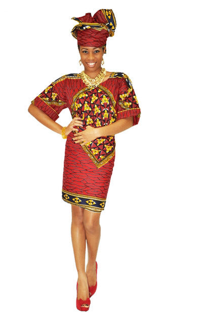 Deep-Red, Goldish Yellow African Print Top and Wrap Skirt-DP3786、mySite、solidvoid