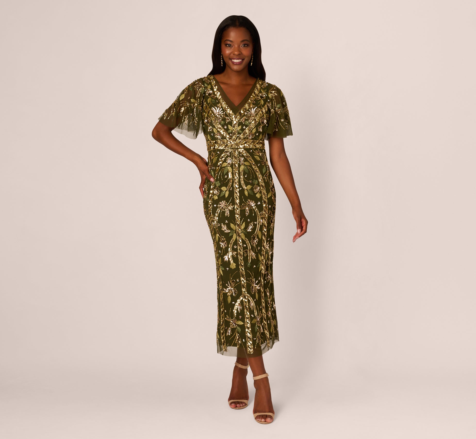 Sequin Beaded Ankle Length Dress With Flutter Sleeves In Olive、mySite、solidvoid