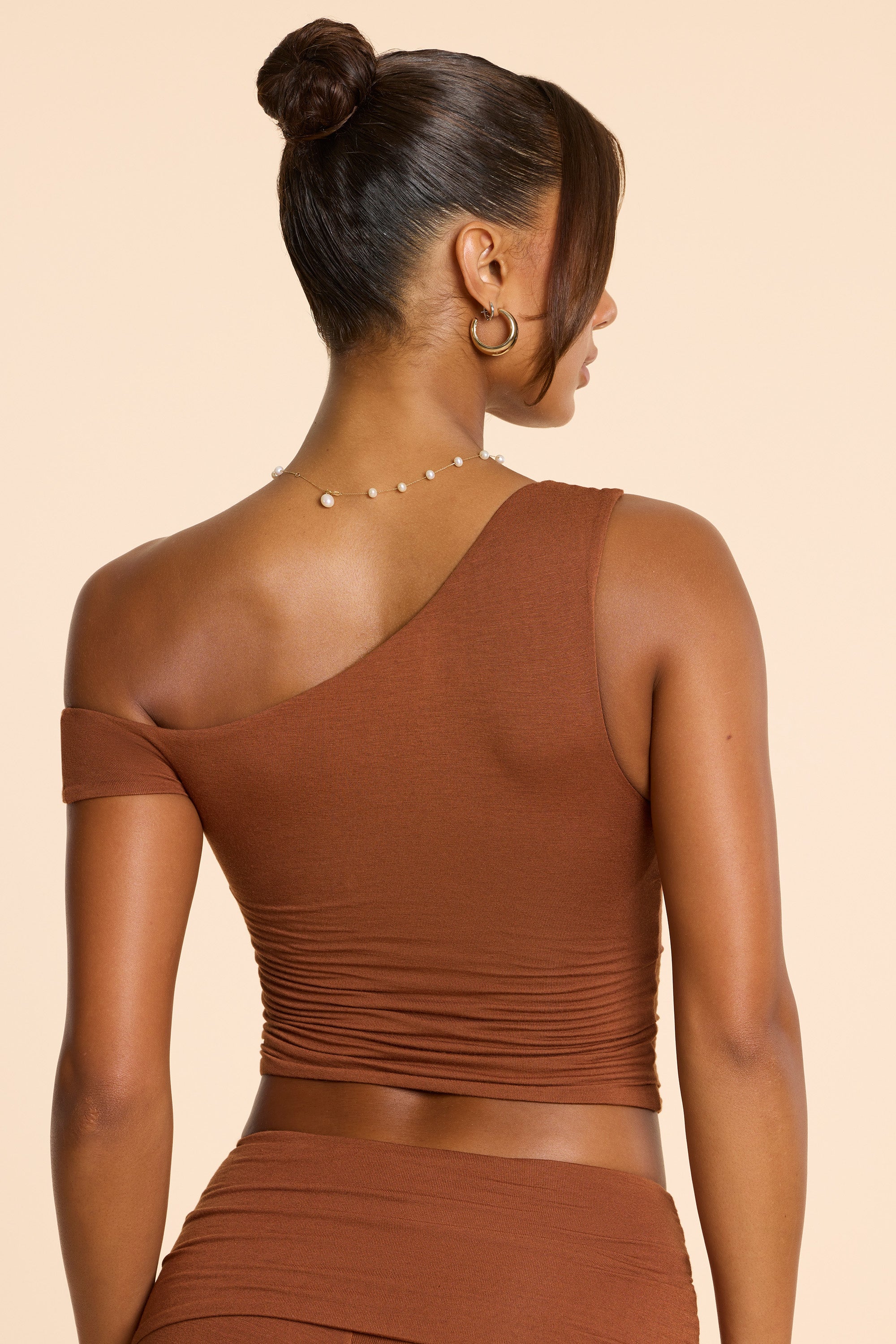 Asymmetric Neck Ruched Modal Cashmere Blend Top in Chestnut Brown、mySite、solidvoid