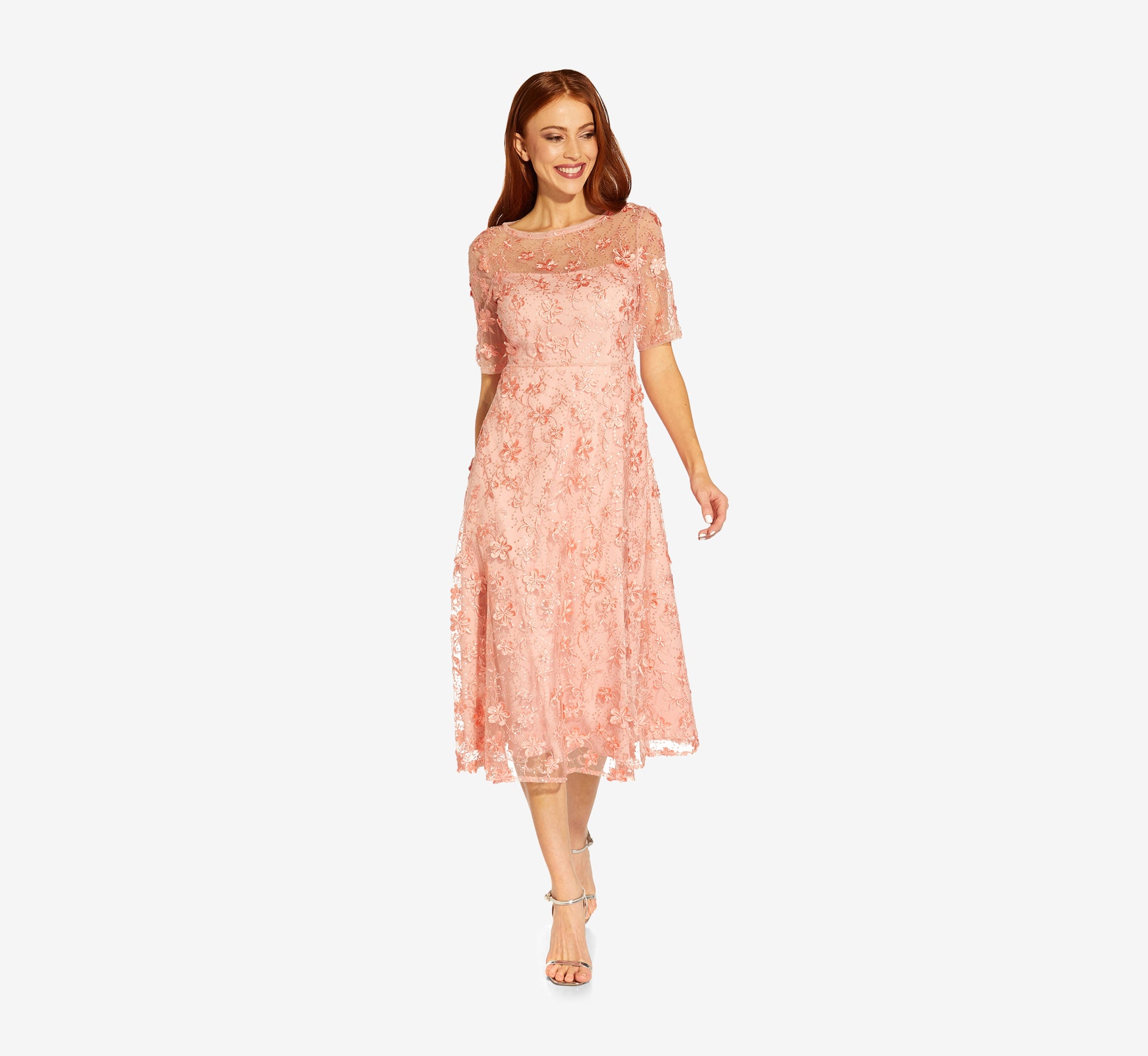 3D Floral Embroidered And Hand-Sequined Tea-Length Fit-And Flare Cocktail Dress In Peach Blossom、mySite、solidvoid