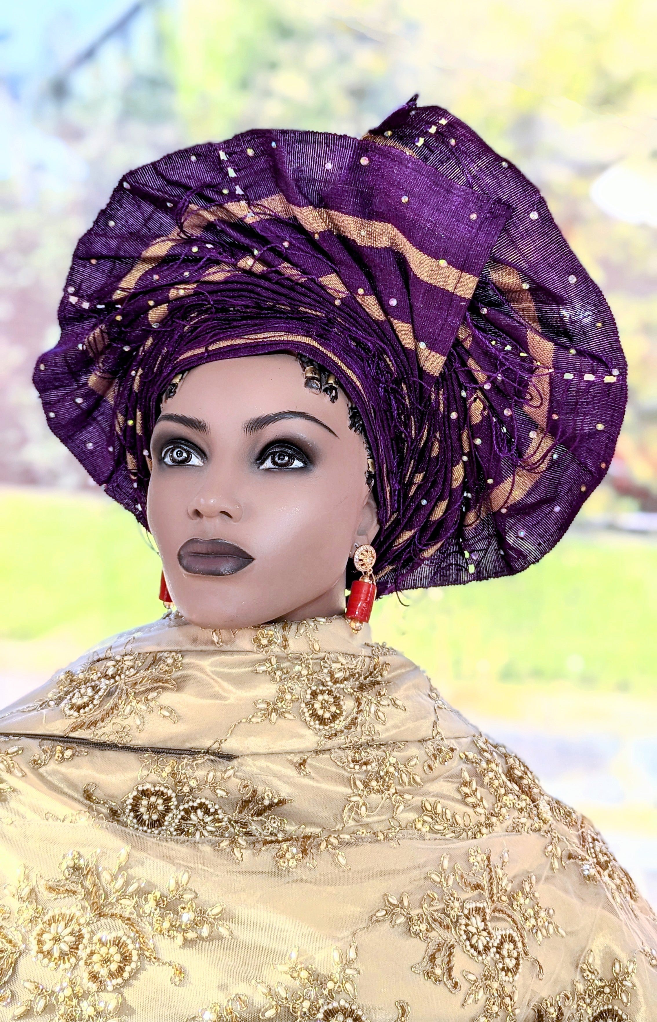 Eliseh Purple with Gold Stripes African Aso Oke Autogele pre-tied Head wrap-DPAGPGS24、mySite、solidvoid