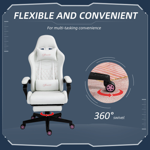 Vinsetto High Back PU Leather Gaming Chair, Racing Computer Chair with Swivel Wheels, Retractable Footrest, Headrest, Lumbar Support, and Armrest, White and Pink、、casual
