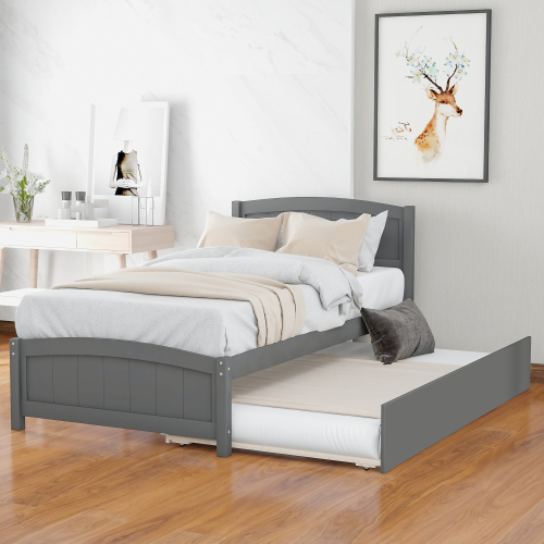 Twin size Platform Bed with Trundle, White、、casual