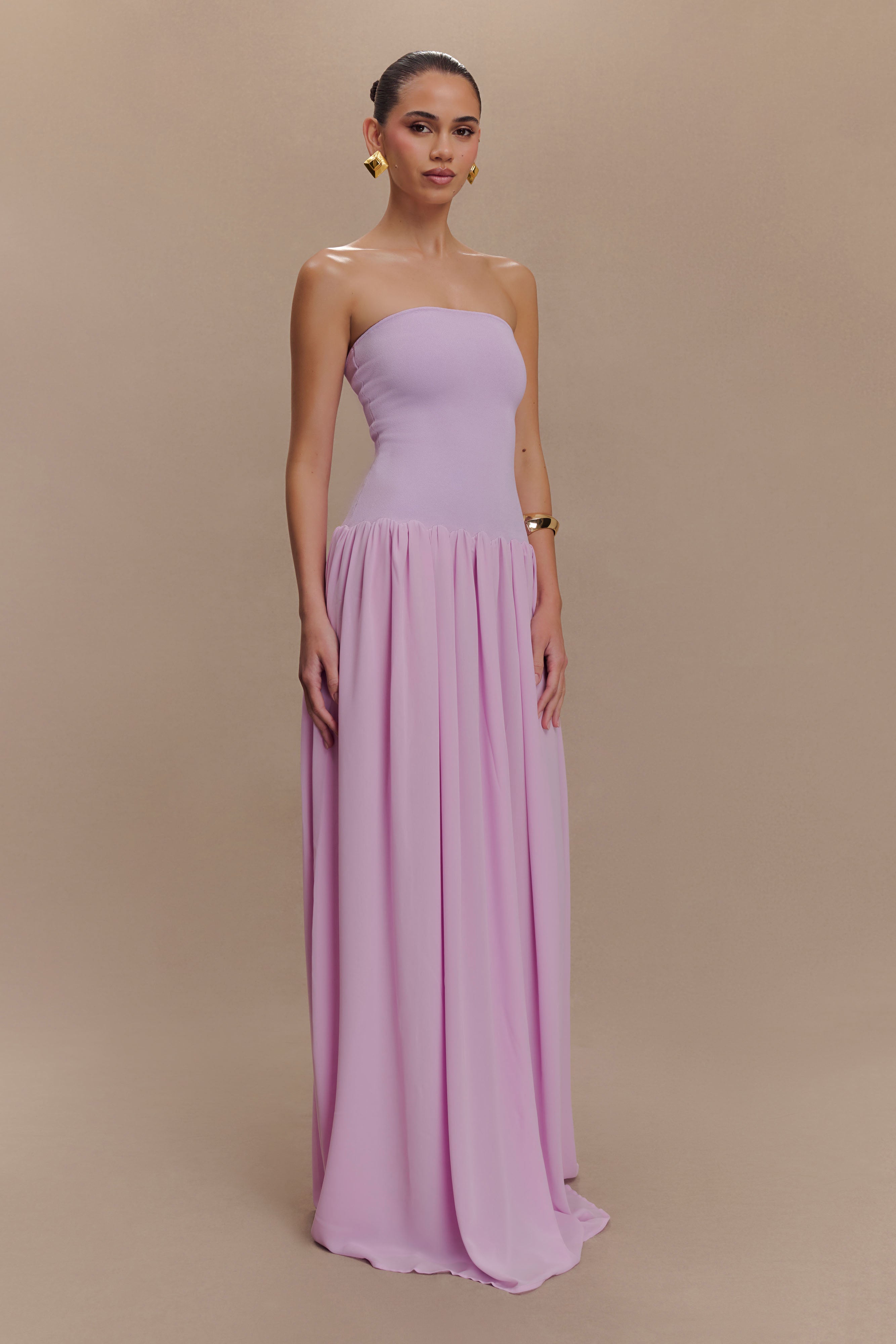 Lyanna Knit And Chiffon Strapless Maxi Dress - Lilac、mySite、solidvoid
