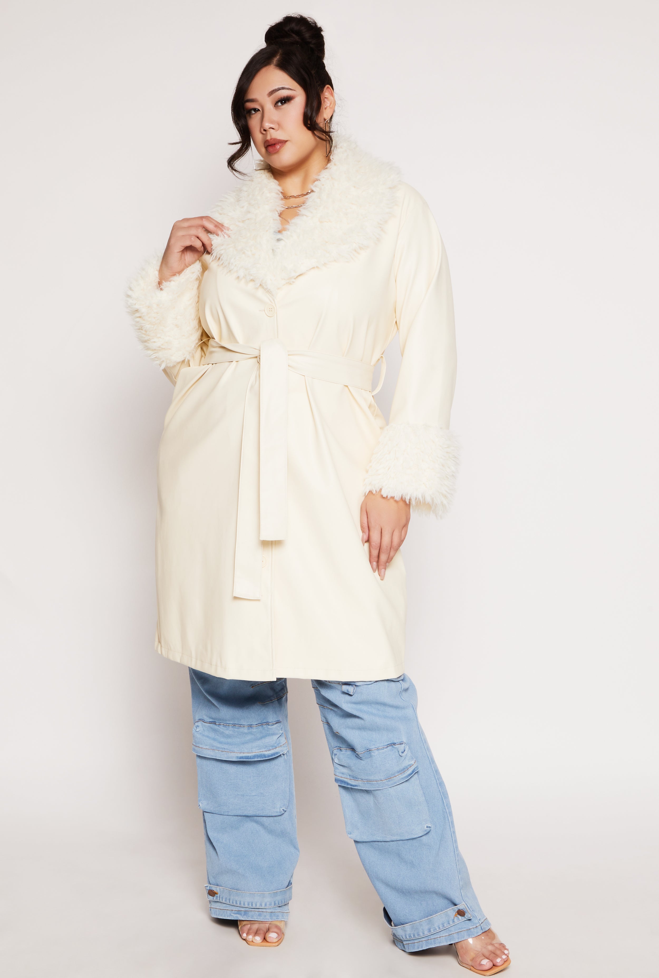 Plus Size Spoon Jeans Faux Leather Trench Coat、mySite、camillekostekn