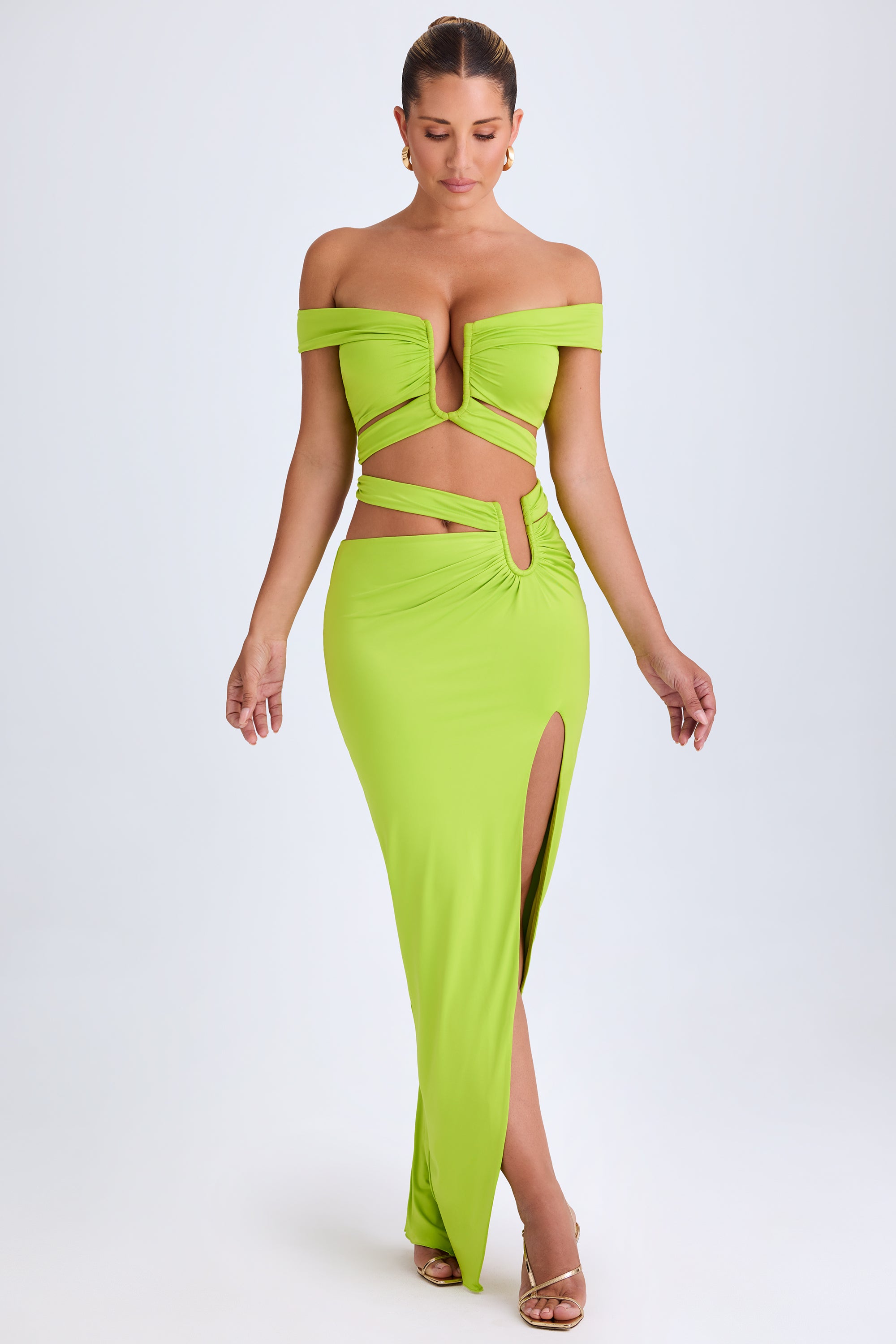 Asymmetric Cut-Out Maxi Skirt in Lime Green、mySite、solidvoid