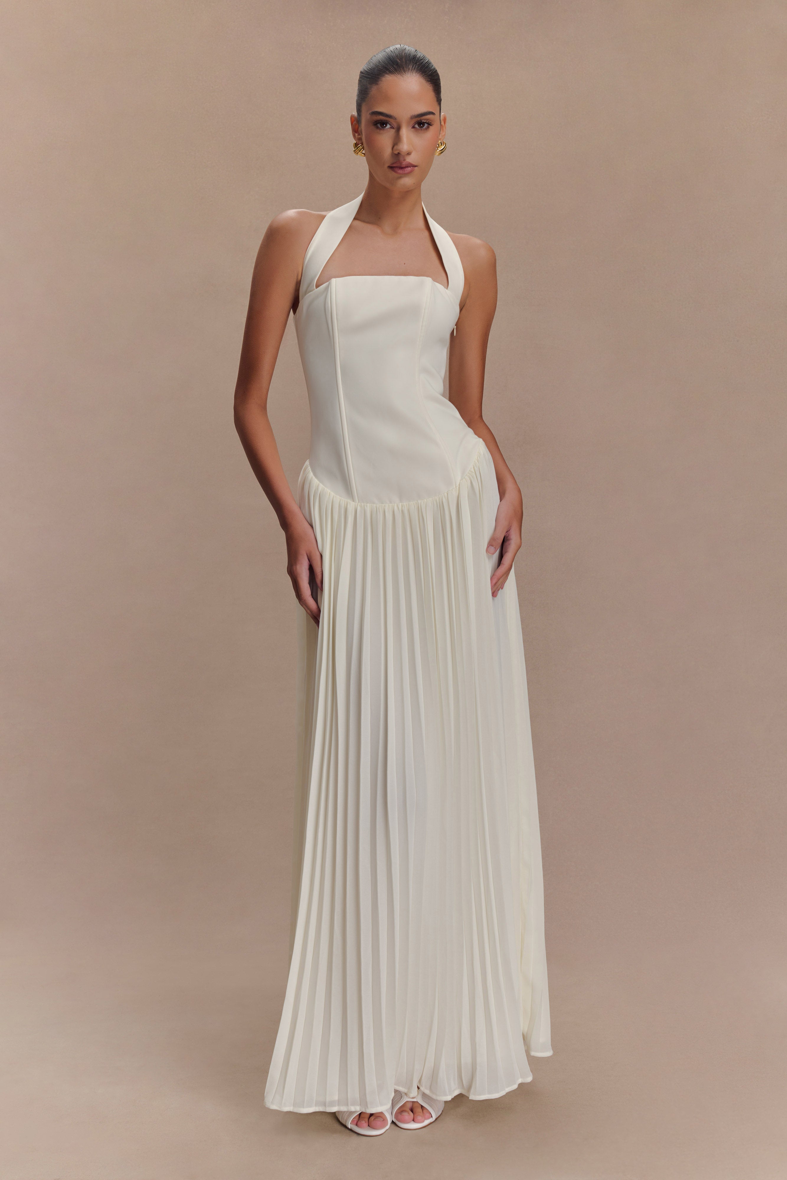 Stacie Pleated Halter Maxi Dress - Ivory、mySite、solidvoid