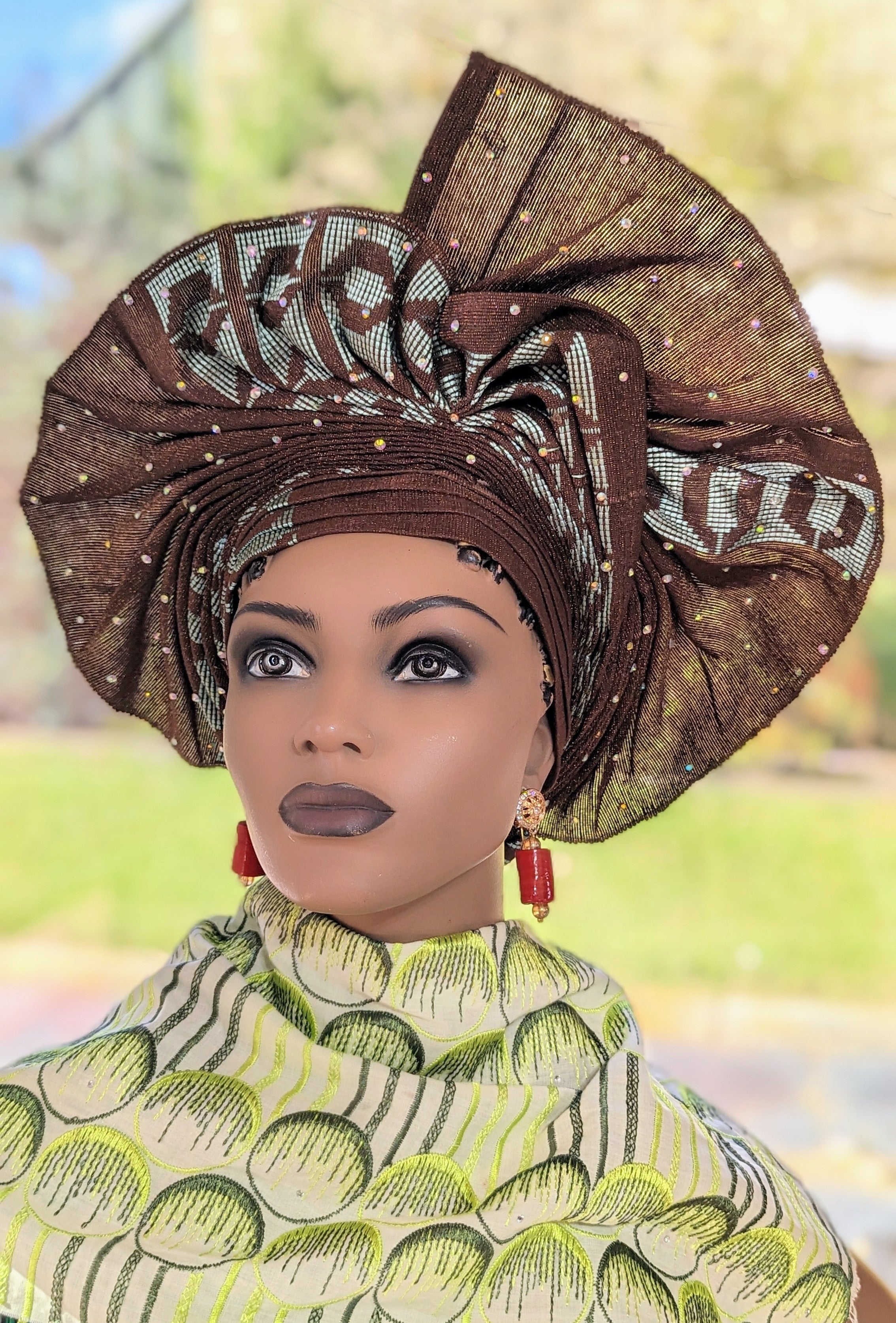 Nnekah Coffee-Brown and Mint-Green Aso Oke African head tie Autogele pre-tied Head wrap-DPAGCBMG32、mySite、solidvoid