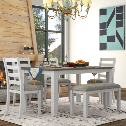 TREXM Rustic Style 6-Piece Dining Room Table Set with 4 Upholstered Chairs & a Bench (Brown + Whitewash)、、casual