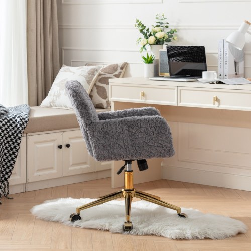 A&A Furniture Office Chair,Artificial rabbit hair Home Office Chair with Golden Metal Base,Adjustable Desk Chair Swivel Office Chair,Vanity Chair(Orange)、、casual