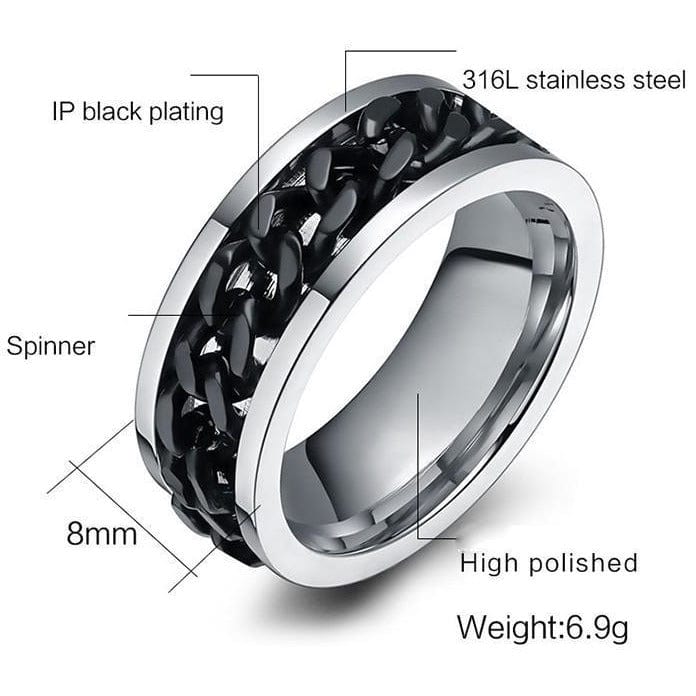 Chain Spinner Ring-Stainless Steel & Titanium Chain Spinner Inset in Gold, Silver or Black Color、mySite、g9winljtr