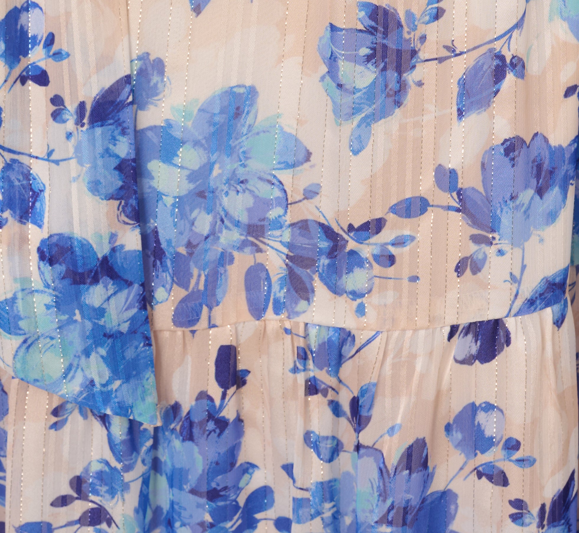 One Shoulder Metallic Stripe Floral Maxi Dress In Champagne Blue Multi、mySite、solidvoid