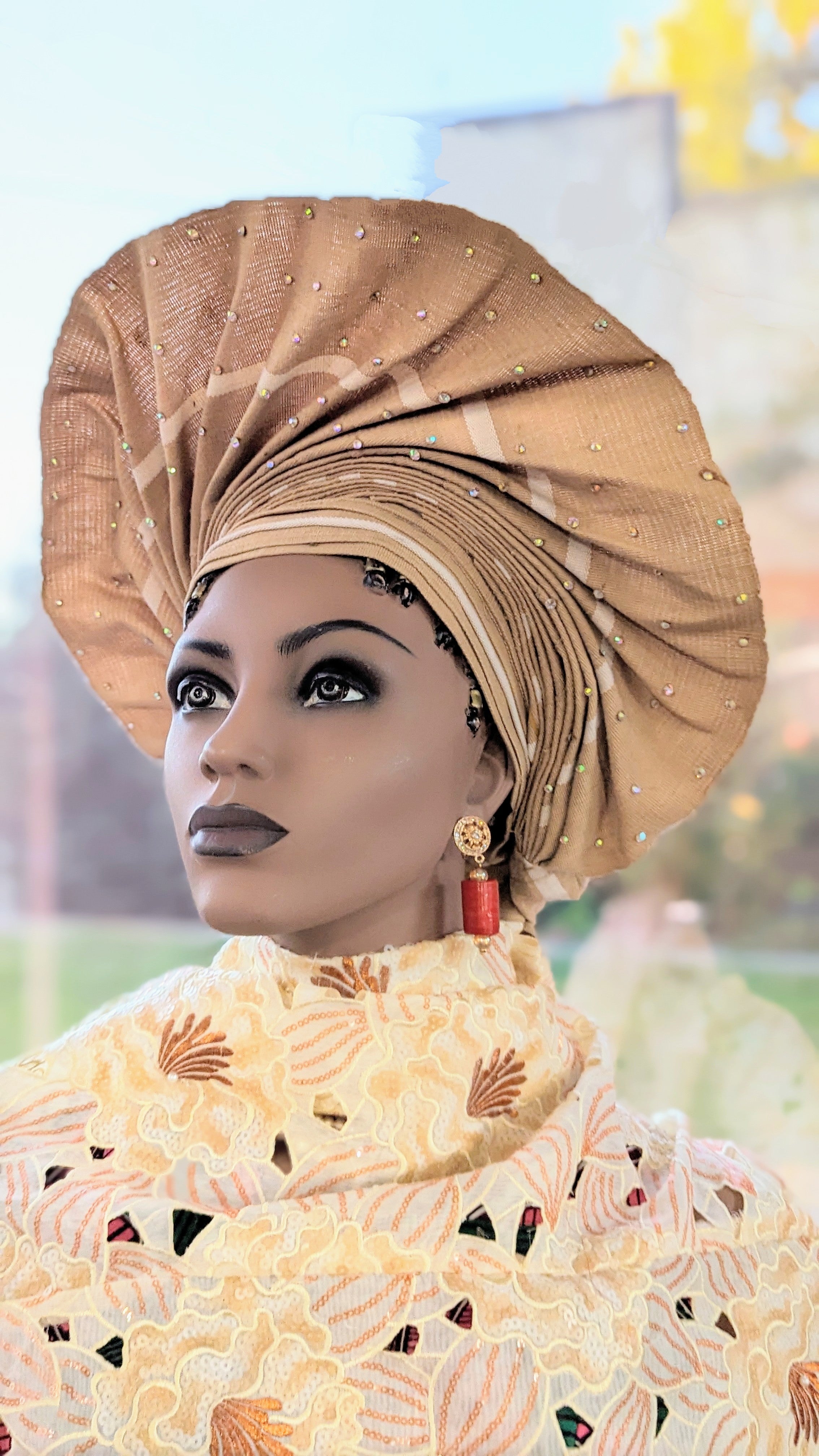 Basiraah Tan-Brown African Sanyan Aso Oke Head tie Autogele head wrap hat-DPATBS42、mySite、solidvoid