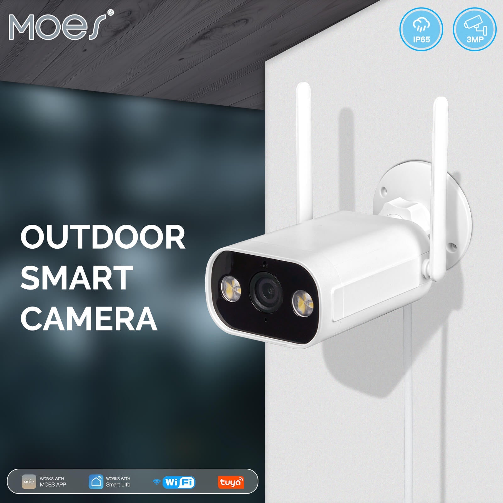 MOES WiFi Smart Outdoor Camera HD 3MP Sound Motion Detection Color Night Vision Two-Way Audio Security Monitor、mySite、fannypackpong