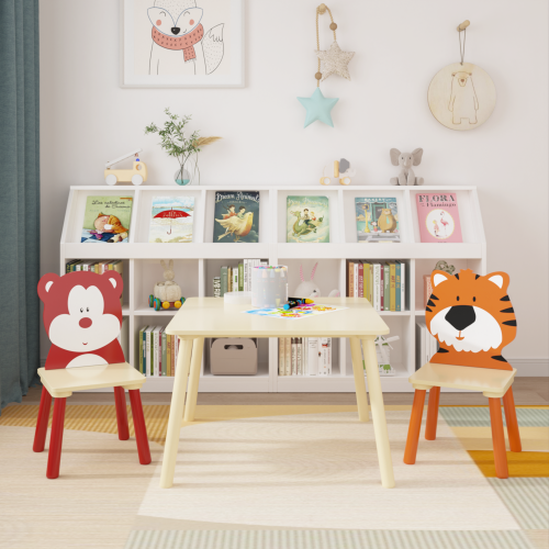 Kids Table and 2 Chairs Set, 3 Pieces Toddler Table and Chair Set, Wooden Activity Play Table Set (Lion&Monkey)、、casual