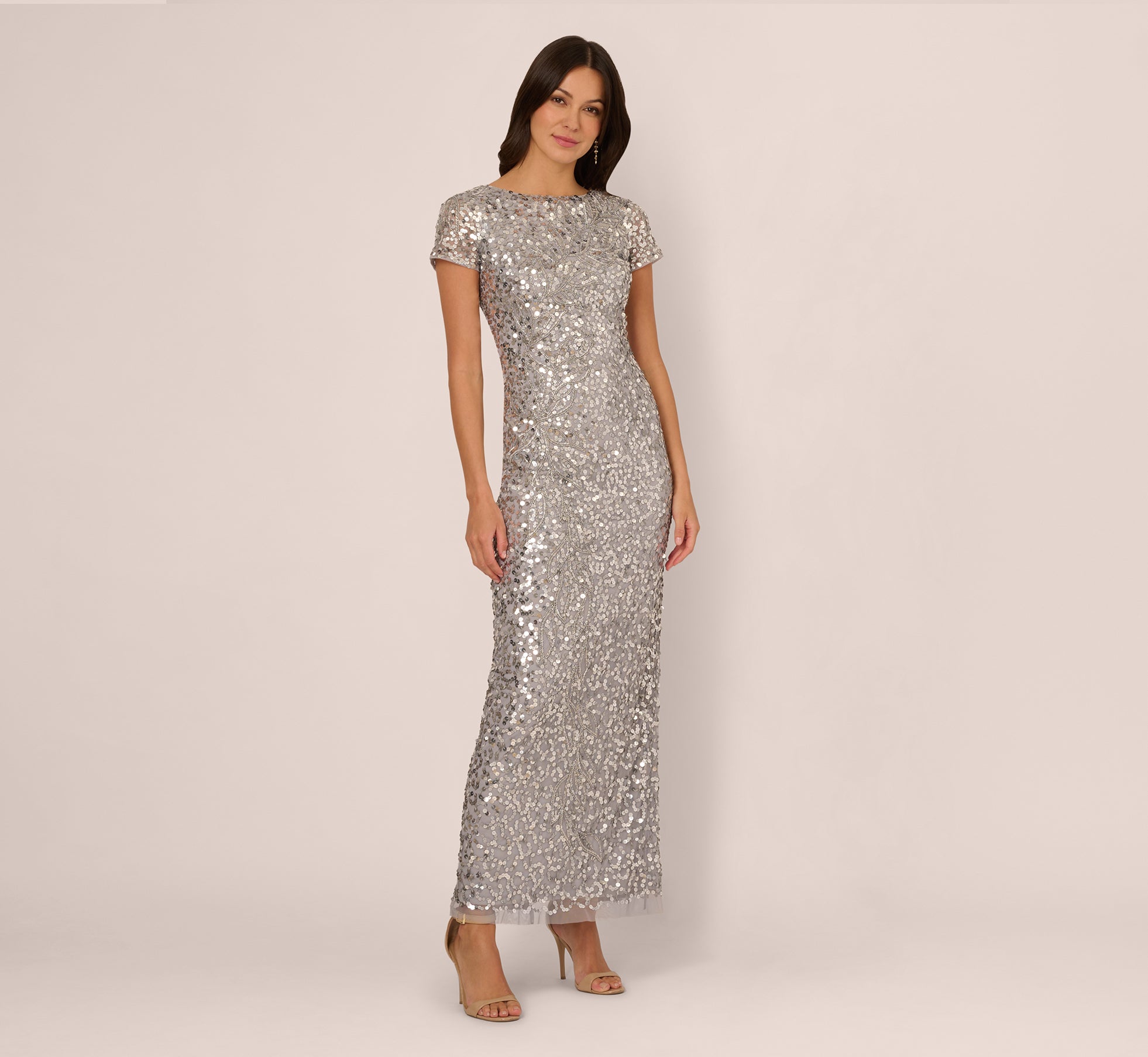 Short Sleeve Bead And Sequin Gown In Silver Mist、mySite、solidvoid