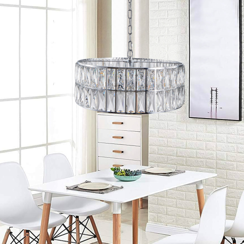 18" Black Modern Crystal Drum Chandelier, 6-Light Pendant Lighting Fixture with Metal Frame for Living Room, Dining Room, and Bedroom (Bulbs Not Included)、、eastwooduniform