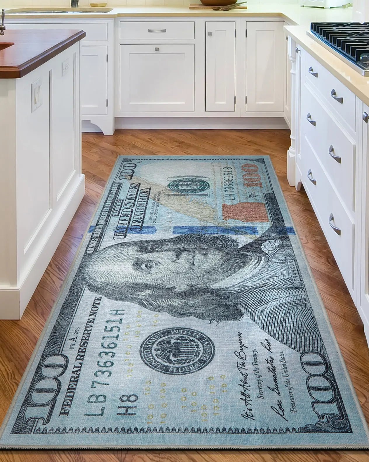 New Hundred Dollar Bill Green Blue Novelty Runner Flat-Weave Rug、mySite、gigharbornorthrealestate