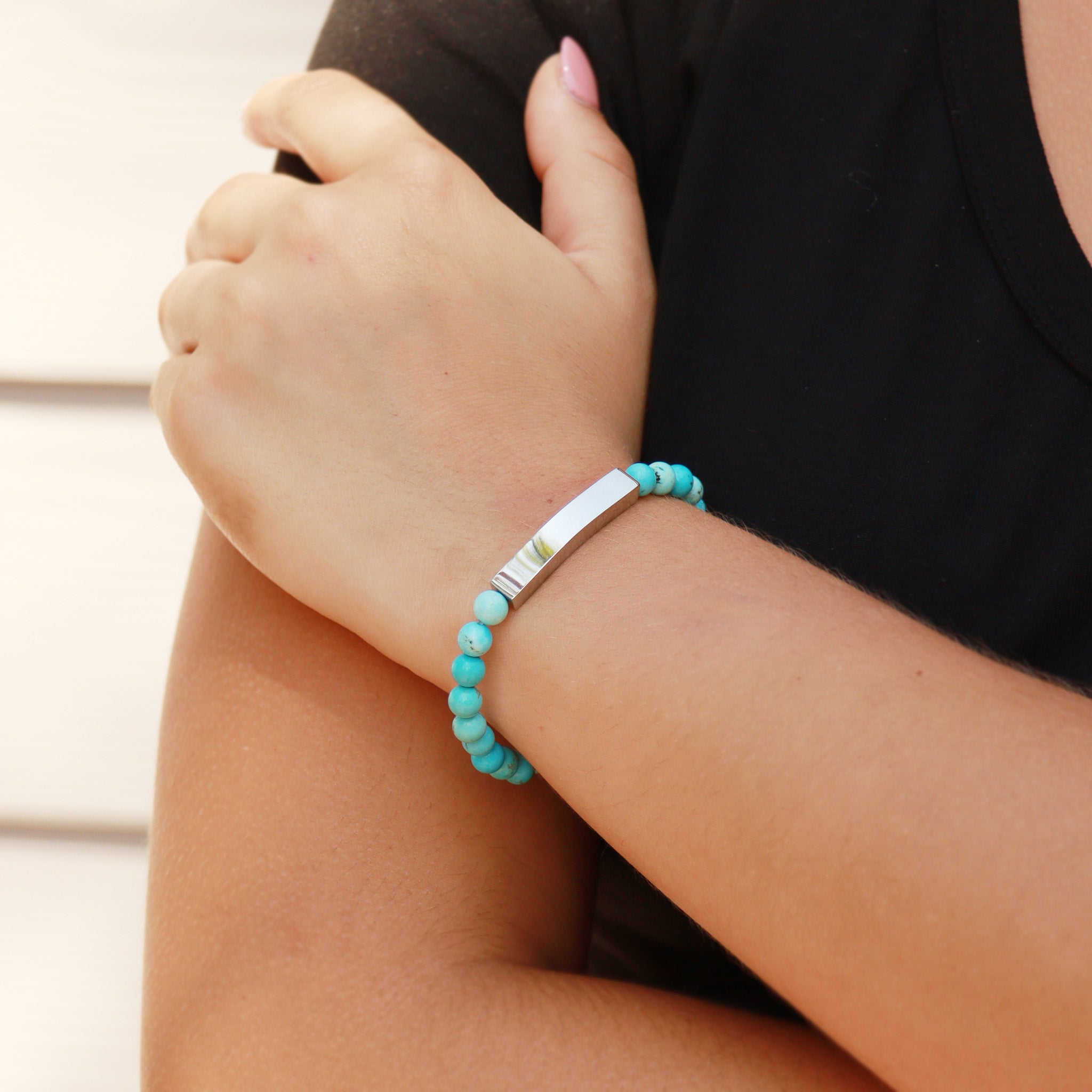 18K Gold PVD Stainless Steel Semi Precious Natural Stone Stretch Curved Bar Bracelet / SBB0278、mySite、dreamappss