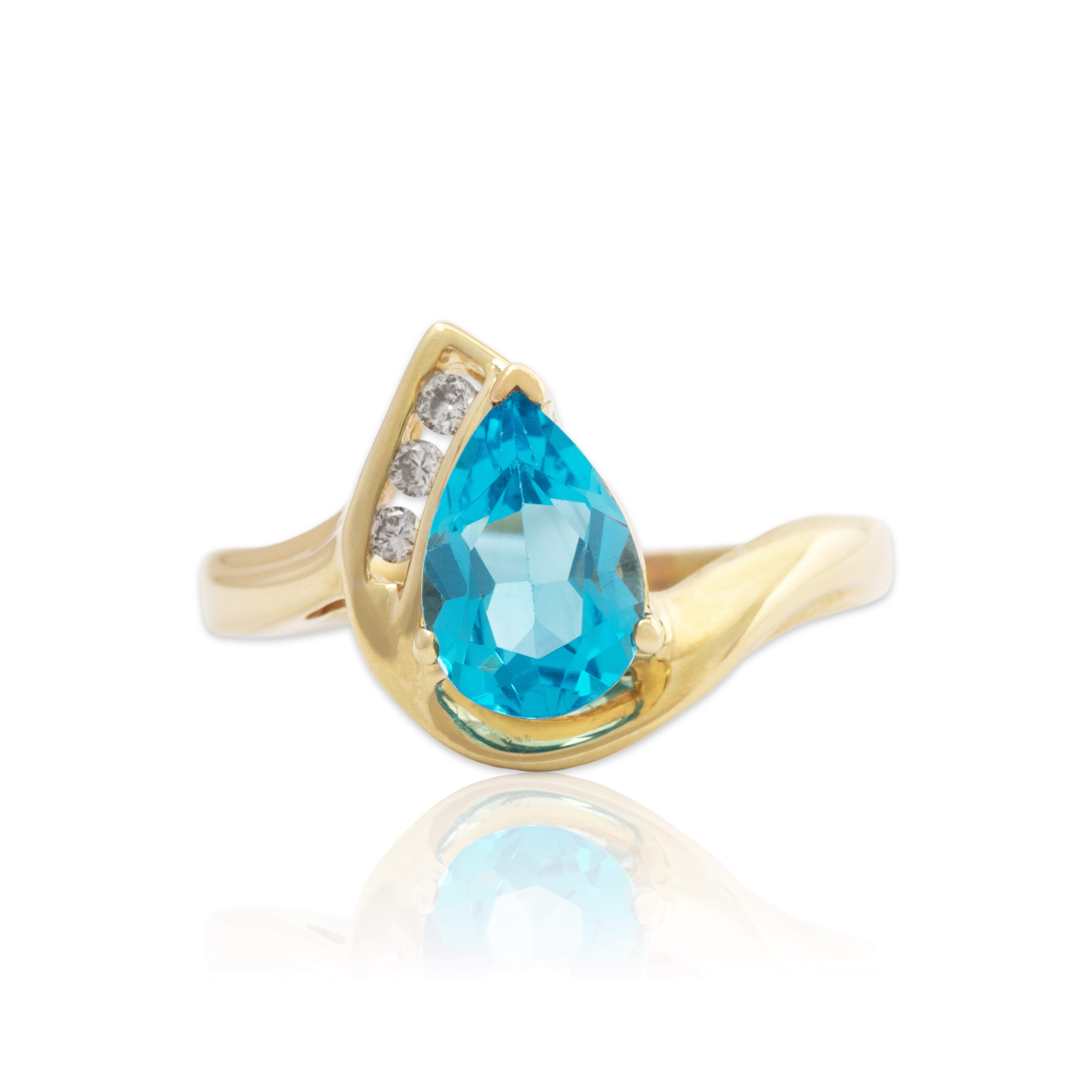 Vintage 10k Yellow Gold 1.5ct Blue Topaz Diamond Bright Pear Ring 7.25、mySite、hinf8tx79