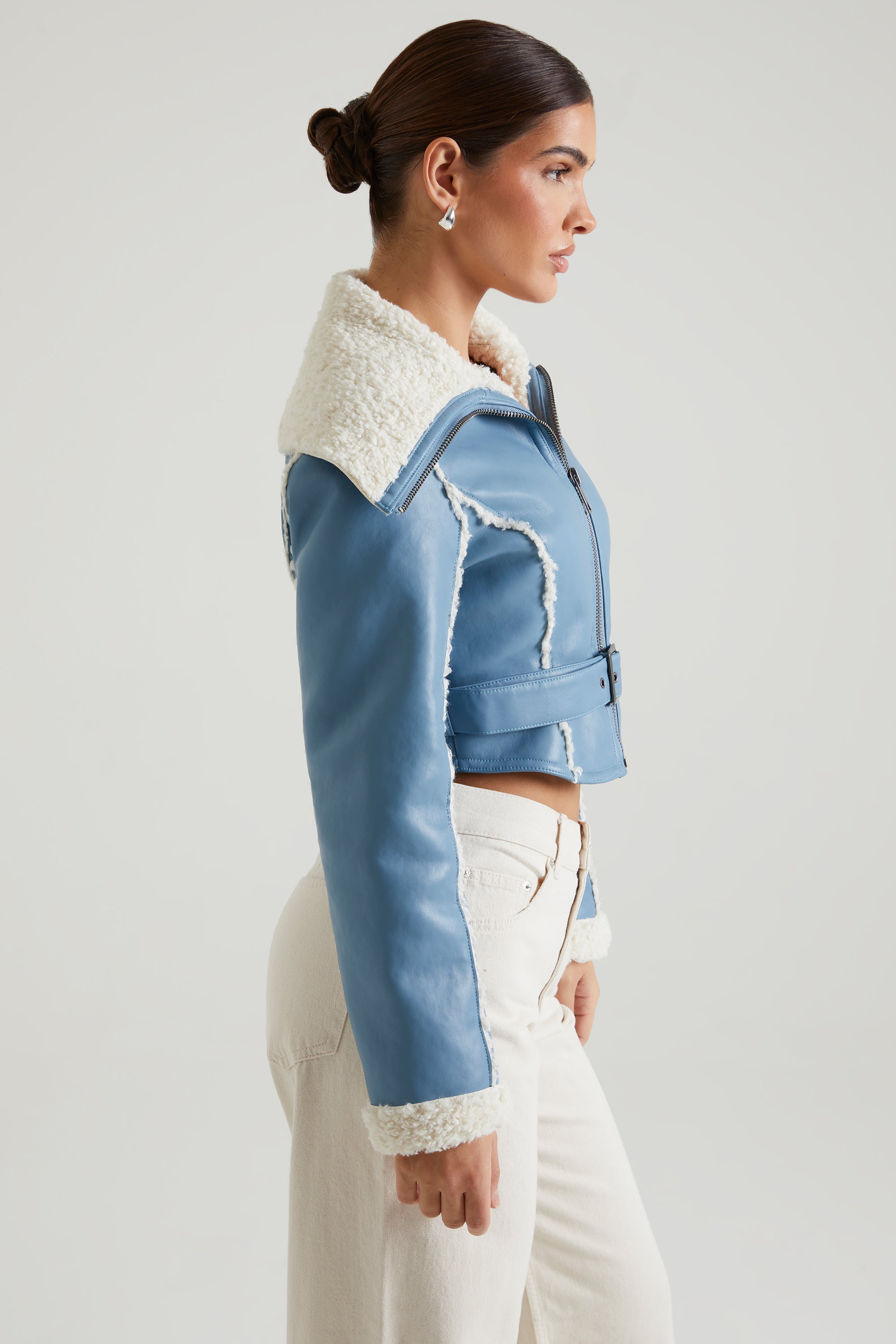 Jacket with Shearling Collar and Trim in Blue、mySite、solidvoid