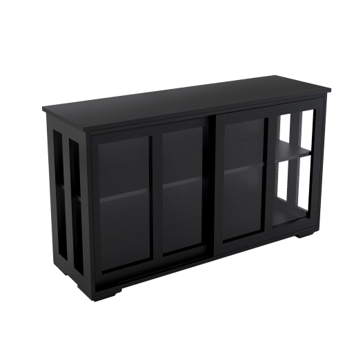 Kitchen Storage Stand Cupboard With Glass Door-Black、、casual
